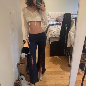 Vintage Navy Flare Jeans with Red Lace-Up Detail